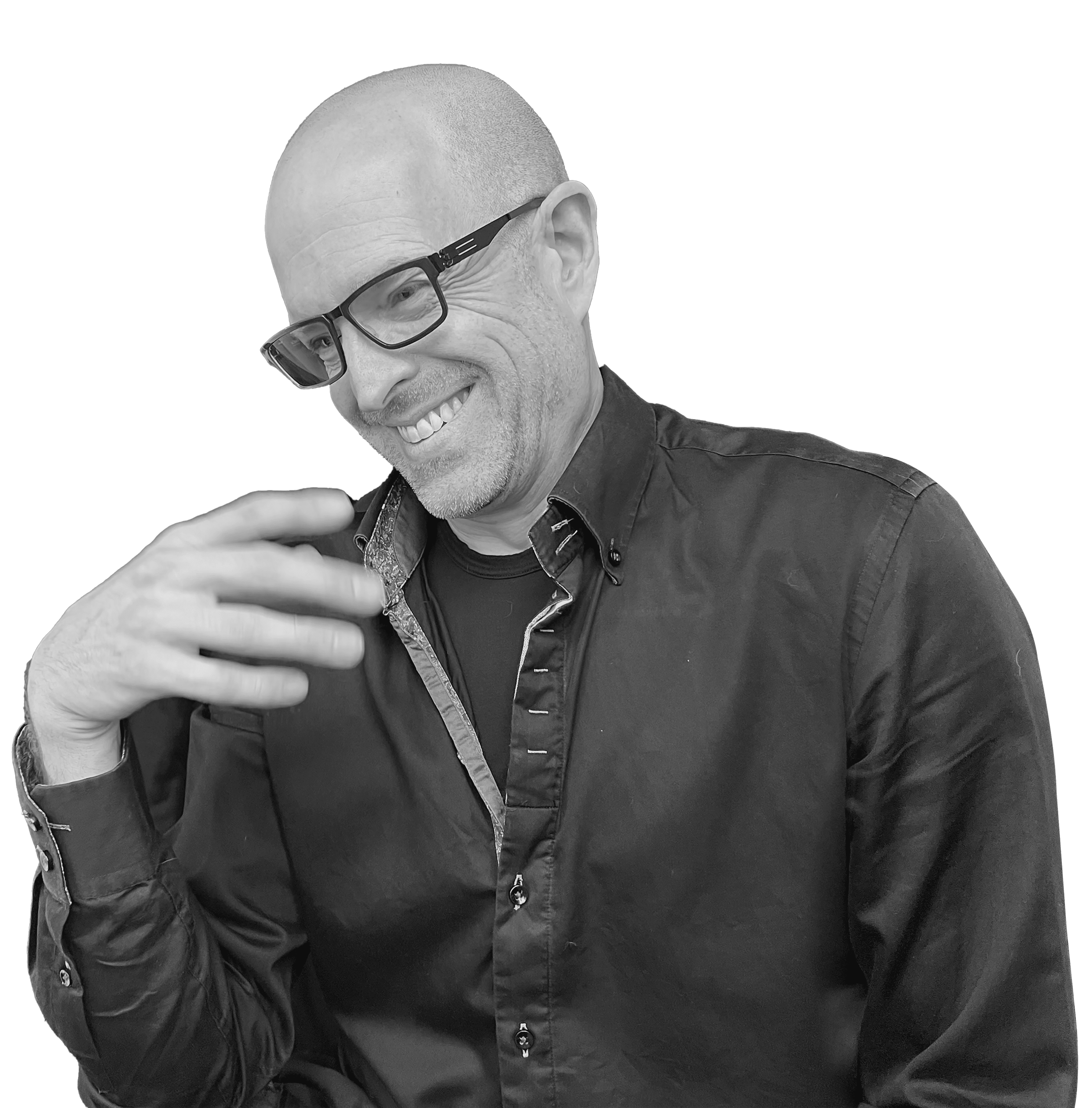 A Black and White Photo of a Sean Scott Smiling